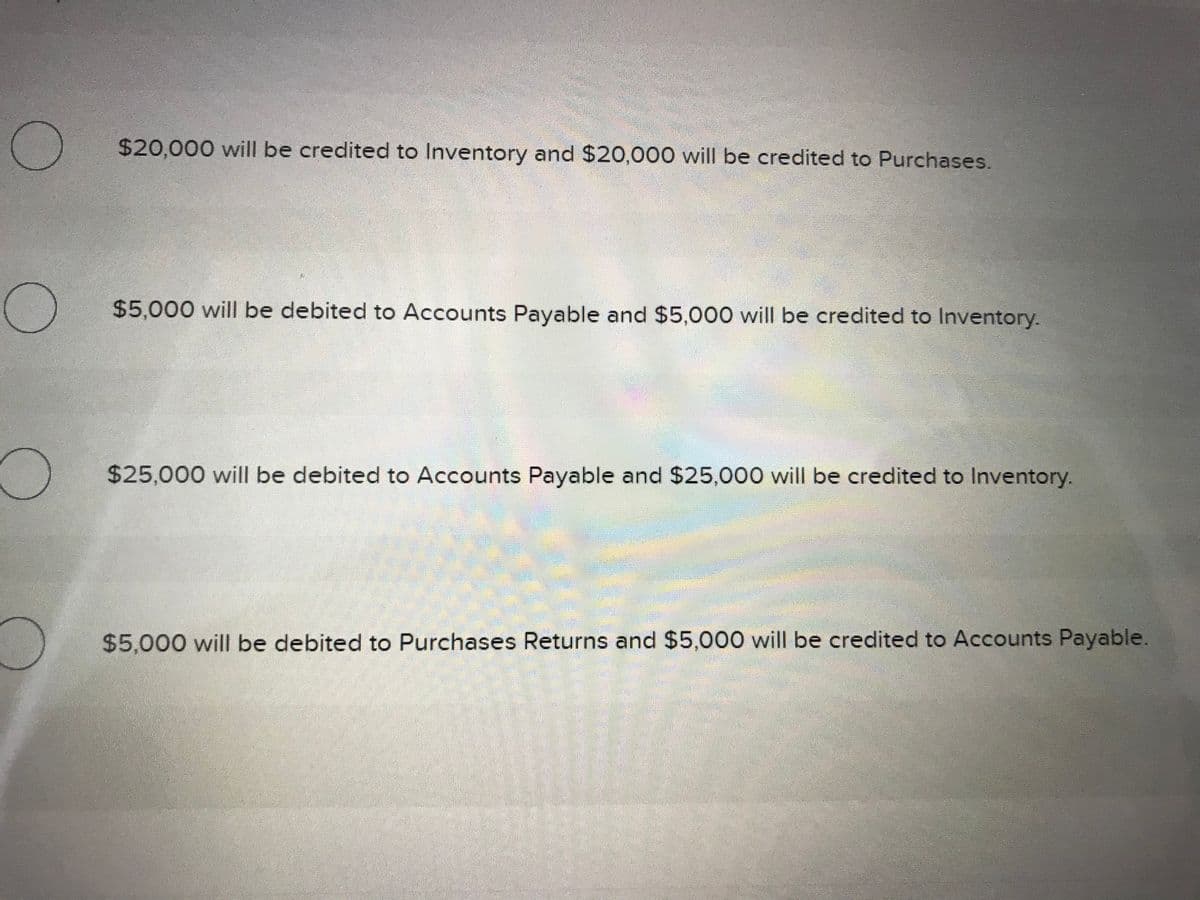 $20,000 will be credited to Inventory and $20,000 will be credited to Purchases.
$5,000 will be debited to Accounts Payable and $5,000 will be credited to Inventory.
$25,000 will be debited to Accounts Payable and $25,000 will be credited to Inventory.
$5,000 will be debited to Purchases Returns and $5,000 will be credited to Accounts Payable.
