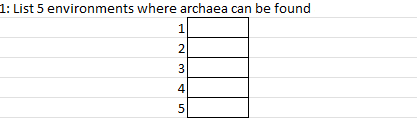 1: List 5 environments where archaea can be found
1
4
5
2.
3.
