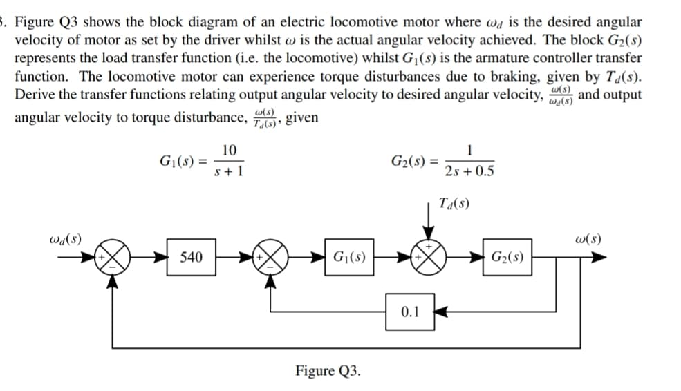 8. Figure Q3 shows the block diagram of an electric locomotive motor where wa is the desired angular
velocity of motor as set by the driver whilst w is the actual angular velocity achieved. The block G2(s)
represents the load transfer function (i.e. the locomotive) whilst G¡(s) is the armature controller transfer
function. The locomotive motor can experience torque disturbances due to braking, given by T4(s).
Derive the transfer functions relating output angular velocity to desired angular velocity, and output
w(s)
wa(s)
w(s)
angular velocity to torque disturbance, , given
10
G|(s) =
s+ 1
1
G2(s) =
2s + 0.5
Ta(s)
w(s)
(s)PM
G|(s)
540
G2(s)
0.1
Figure Q3.
