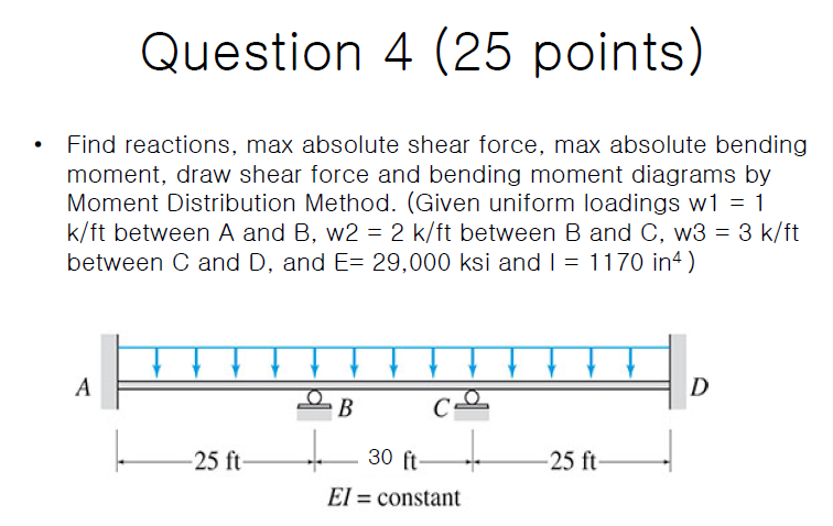 Question 4 (25 points)
Find reactions, max absolute shear force, max absolute bending
moment, draw shear force and bending moment diagrams by
Moment Distribution Method. (Given uniform loadings w1 = 1
k/ft between A and B, w2 = 2 k/ft between B and C, w3 = 3 k/ft
between C and D, and E= 29,000 ksi and I = 1170 in4)
A
D
C=
-25 ft
30 ft
-25 ft
El = constant
%3D
