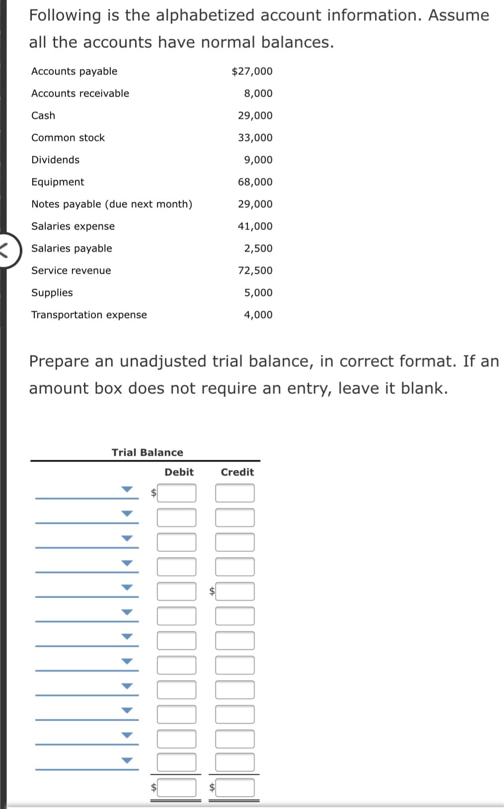 Following is the alphabetized account information. Assume
all the accounts have normal balances.
Accounts payable
$27,000
Accounts receivable
8,000
Cash
29,000
Common stock
33,000
Dividends
9,000
Equipment
68,000
Notes payable (due next month)
29,000
Salaries expense
41,000
Salaries payable
2,500
Service revenue
72,500
Supplies
5,000
Transportation expense
4,000
Prepare an unadjusted trial balance, in correct format. If an
amount box does not require an entry, leave it blank.
Trial Balance
Debit
Credit
$4
