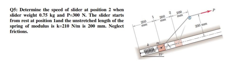 Q5: Determine the speed of slider at position 2 when
slider weight 0.75 kg and P=300 N. The slider starts
from rest at position land the unstretched length of the
spring of modulus is k=210 N/m is 200 mm. Neglect
frictions.
200
mm
200
P
250
mm
mm
250 mm
15°
