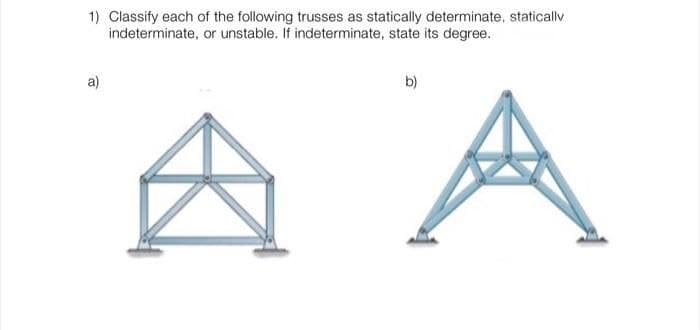 1) Classify each of the following trusses as statically determinate, staticallv
indeterminate, or unstable. If indeterminate, state its degree.
b)
