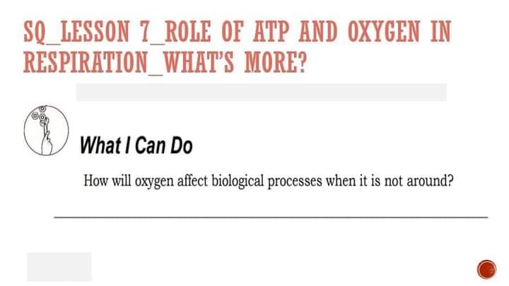 SQ_LESSON 7_ROLE OF ATP AND OXYGEN IN
RESPIRATION WHAT'S MORE?
What I Can Do
How will oxygen affect biological processes when it is not around?
