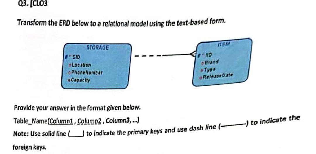 Q3. [CLO3:
Transform the ERD below to a relational model using the text-based form.
STORAGE
SID
Location
Phone Number
Capacity
Provide your answer in the format given below.
Table_Name(Column1, Colump2, Column3,...)
Note: Use solid line L
foreign keys.
ITEM
ND
Brand
- Type
Release Date
to indicate the primary keys and use dash line (-
-) to indicate the