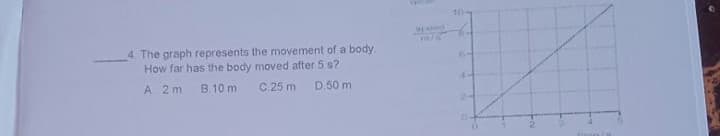 10
4. The graph represents the movement of a body.
How far has the body moved after 5 s?
4.
A 2 m
B.10 m
C.25 m
D.50 m
