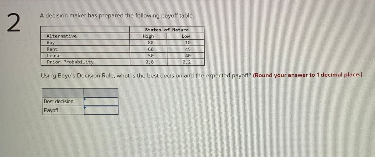 A decision maker has prepared the following payoff table.
States of Nature
Alternative
High
Low
Buy
80
10
Rent
60
45
Lease
50
40
Prior Probability
0.8
0.2
Using Baye's Decision Rule, what is the best decision and the expected payoff? (Round your answer to 1 decimal place.)
Best decision
Payoff
