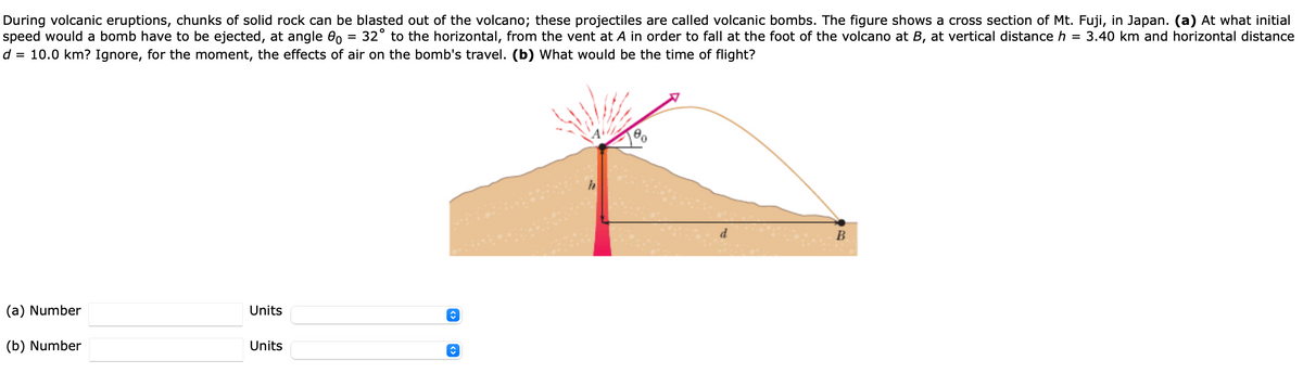 During volcanic eruptions, chunks of solid rock can be blasted out of the volcano; these projectiles are called volcanic bombs. The figure shows a cross section of Mt. Fuji, in Japan. (a) At what initial
speed would a bomb have to be ejected, at angle 0
d = 10.0 km? Ignore, for the moment, the effects of air on the bomb's travel. (b) What would be the time of flight?
32° to the horizontal, from the vent at A in order to fall at the foot of the volcano at B, at vertical distance h = 3.40 km and horizontal distance
(a) Number
Units
(b) Number
Units
