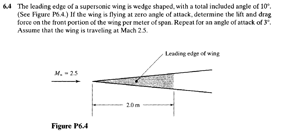 6,4 The leading edge of a supersonic wing is wedge shaped, with a total included angle of 10°.
(See Figure P6.4.) If the wing is flying at zero angle of attack, determine the lift and drag
force on the front portion of the wing per meter of span. Repeat for an angle of attack of 3°.
Assume that the wing is traveling at Mach 2.5.
Leading edge of wing
M, = 2.5
2.0 m
Figure P6.4

