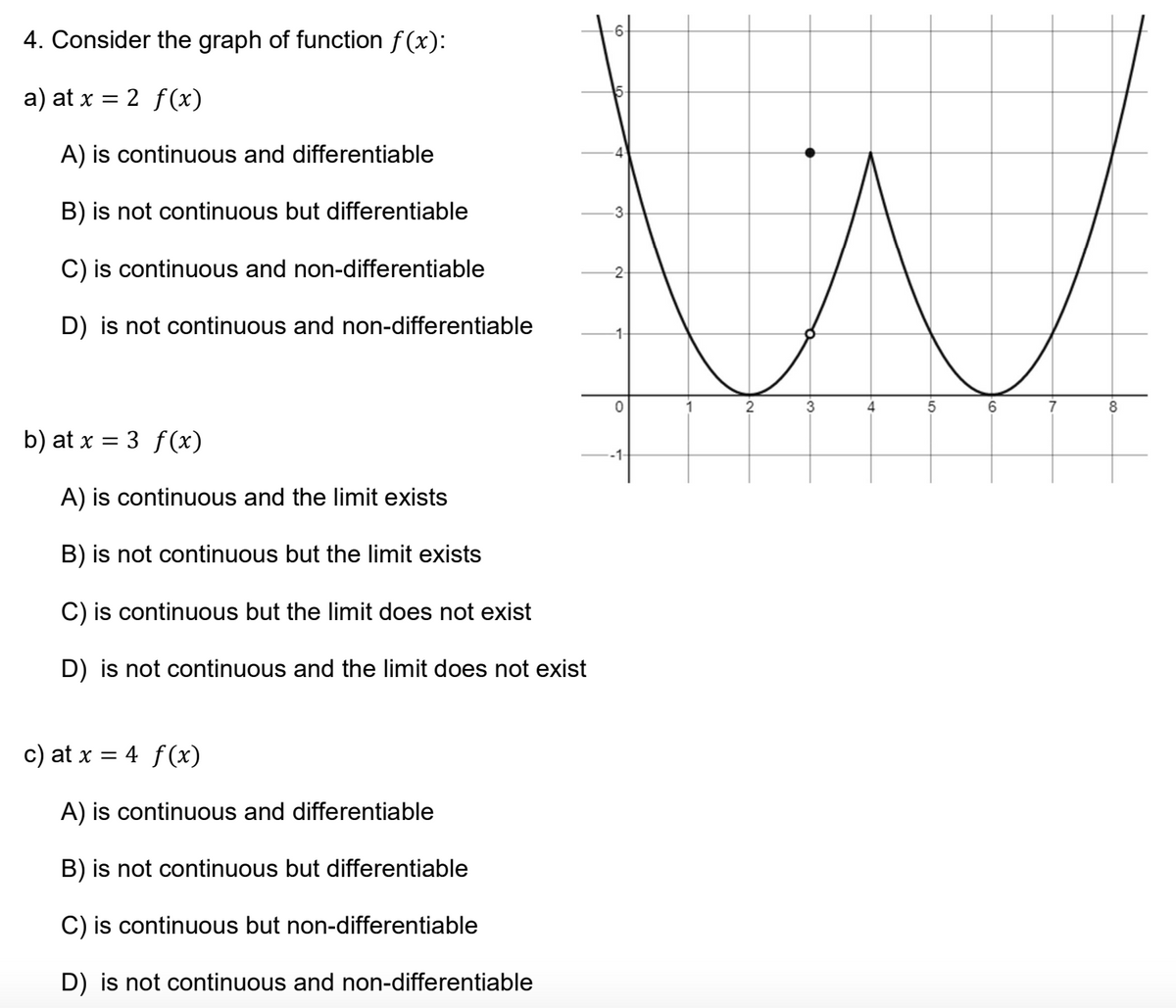 4. Consider the graph of function f (x):
a) at x = 2 f(x)
A) is continuous and differentiable
B) is not continuous but differentiable
-3.
C) is continuous and non-differentiable
-2-
D) is not continuous and non-differentiable
1-
3
4
8
b) at x = 3 f(x)
-1-
A) is continuous and the limit exists
B) is not continuous but the limit exists
C) is continuous but the limit does not exist
D) is not continuous and the limit does not exist
c) at x = 4 f(x)
A) is continuous and differentiable
B) is not continuous but differentiable
C) is continuous but non-differentiable
D) is not continuous and non-differentiable
