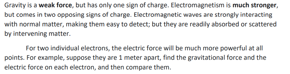 Gravity is a weak force, but has only one sign of charge. Electromagnetism is much stronger,
but comes in two opposing signs of charge. Electromagnetic waves are strongly interacting
with normal matter, making them easy to detect; but they are readily absorbed or scattered
by intervening matter.
For two individual electrons, the electric force will be much more powerful at all
points. For example, suppose they are 1 meter apart, find the gravitational force and the
electric force on each electron, and then compare them.
