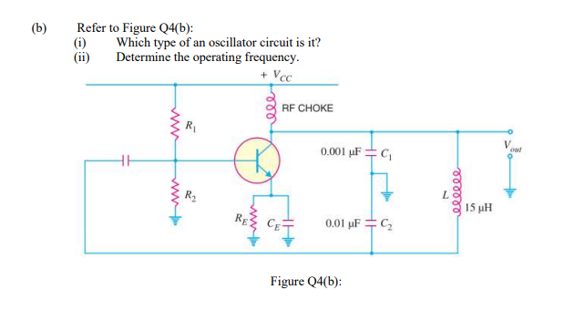 (b)
Refer to Figure Q4(b):
(i)
(ii)
Which type of an oscillator circuit is it?
Determine the operating frequency.
+ Vcc
R₁
R₂
RF CHOKE
ندان
THE
0.001 μFC₁
0.01 μFC₂
Figure Q4(b):
меееее
7
15 pH
out