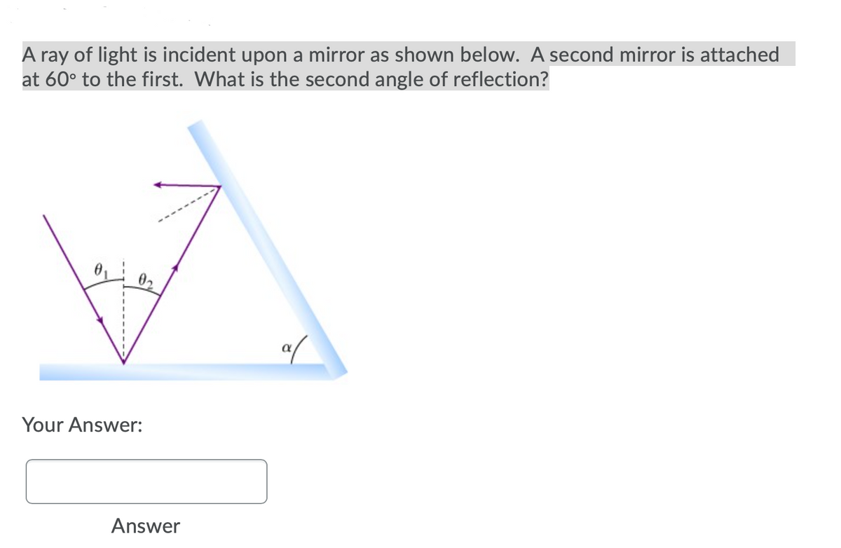 A ray of light is incident upon a mirror as shown below. A second mirror is attached
at 60° to the first. What is the second angle of reflection?
02
Your Answer:
Answer
