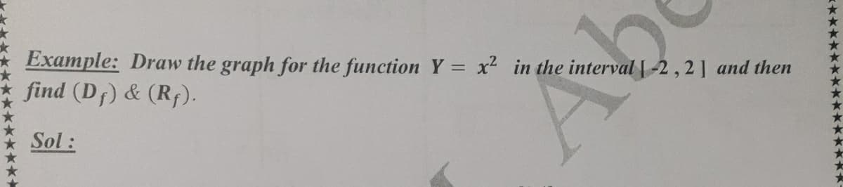 Example: Draw the graph for the function Y = x2 in the interval | -2, 2] and then
find (D¡) & (R¡).
Sol:

