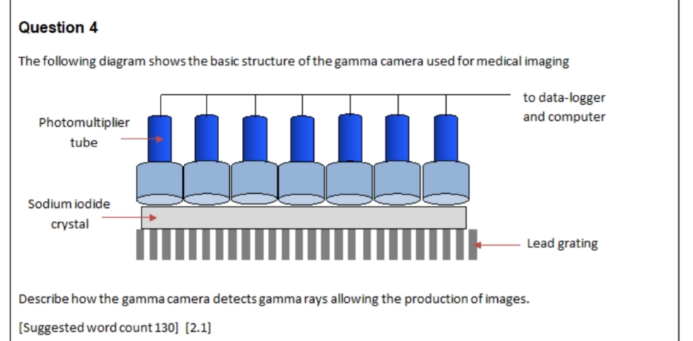 Question 4
The following diagram shows the basic structure of the gamma camera used for medical imaging
to data-logger
and computer
Photomultiplier
tube
Sodium iodide
crystal
Lead grating
Describe how the gamma camera detects gamma rays allowing the production of images.
[Suggested word count 130] [2.1]