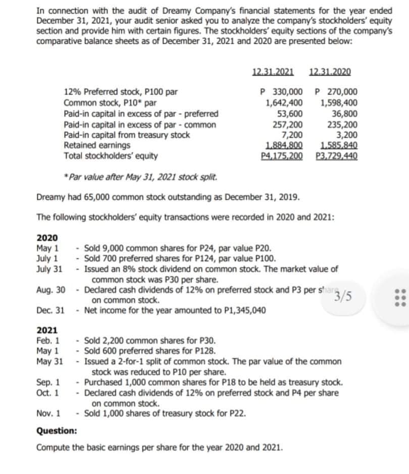 In connection with the audit of Dreamy Company's financial statements for the year ended
December 31, 2021, your audit senior asked you to analyze the company's stockholders' equity
section and provide him with certain figures. The stockholders' equity sections of the company's
comparative balance sheets as of December 31, 2021 and 2020 are presented below:
12.31.2021
12.31.2020
12% Preferred stock, P100 par
Common stock, P10* par
Paid-in capital in excess of par - preferred
Paid-in capital in excess of par common
Paid-in capital from treasury stock
Retained earnings
Total stockholders' equity
P 330,000 P 270,000
1,642,400
53,600
257,200
7,200
1.884.800
P4,175,200 P3.729,440
1,598,400
36,800
235,200
3,200
1.585.840
* Par value after May 31, 2021 stock split.
Dreamy had 65,000 common stock outstanding as December 31, 2019.
The following stockholders' equity transactions were recorded in 2020 and 2021:
2020
May 1
July 1
July 31 - Issued an 8% stock dividend on common stock. The market value of
- Sold 9,000 common shares for P24, par value P20.
- Sold 700 preferred shares for P124, par value P100.
common stock was P30 per share.
Aug. 30 - Declared cash dividends of 12% on preferred stock and P3 per s'iars
3/5
on common stock.
Dec. 31 - Net income for the year amounted to P1,345,040
2021
- Sold 2,200 common shares for P30.
- Sold 600 preferred shares for P128.
Feb. 1
May 1
May 31 - Issued a 2-for-1 split of common stock. The par value of the common
stock was reduced to P10 per share.
- Purchased 1,000 common shares for P18 to be held as treasury stock.
- Declared cash dividends of 12% on preferred stock and P4 per share
on common stock.
- Sold 1,000 shares of treasury stock for P22.
Sep. 1
Oct. 1
Nov. 1
Question:
Compute the basic earnings per share for the year 2020 and 2021.
...
