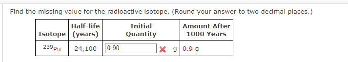 Find the missing value for the radioactive isotope. (Round your answer to two decimal places.)
Half-life
Initial
Amount After
Isotope (years)
Quantity
1000 Years
239pu
24,100
0.90
X 9 0.9 g
