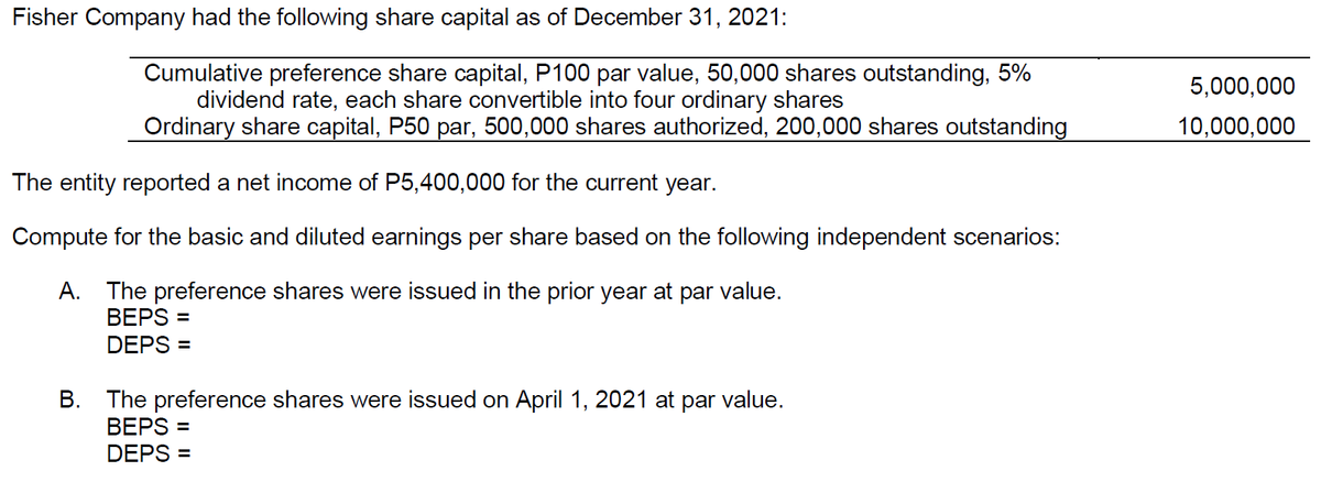Fisher Company had the following share capital as of December 31, 2021:
Cumulative preference share capital, P100 par value, 50,000 shares outstanding, 5%
dividend rate, each share convertible into four ordinary shares
Ordinary share capital, P50 par, 500,000 shares authorized, 200,000 shares outstanding
5,000,000
10,000,000
The entity reported a net income of P5,400,000 for the current year.
Compute for the basic and diluted earnings per share based on the following independent scenarios:
A. The preference shares were issued in the prior year at par value.
BEPS =
DEPS
B. The preference shares were issued on April 1, 2021 at par value.
BEPS =
DEPS =
