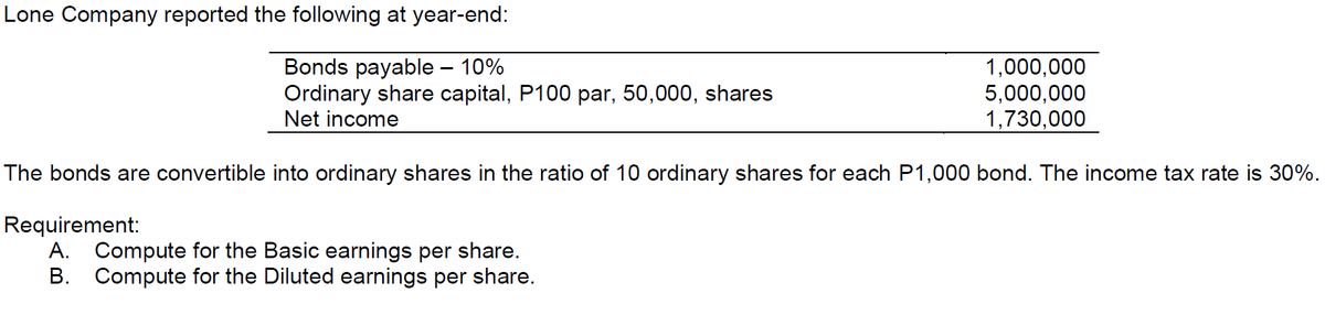 Lone Company reported the following at year-end:
Bonds payable – 10%
Ordinary share capital, P100 par, 50,000, shares
Net income
1,000,000
5,000,000
1,730,000
The bonds are convertible into ordinary shares in the ratio of 10 ordinary shares for each P1,000 bond. The income tax rate is 30%.
Requirement:
A. Compute for the Basic earnings per share.
B. Compute for the Diluted earnings per share.
