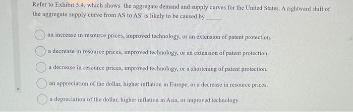 Refer to Exhibit 5.4, which shows the aggregate demand and supply curves for the United States. A rightward shift of
the aggregate supply curve from AS to AS' is likely to be caused by
an increase in resource prices, improved technology, or an extension of patent protection.
a decrease in resource prices, improved technology, or an extension of patent protection.
a decrease in resource prices, improved technology, or a shortening of patent protection.
an appreciation of the dollar, higher inflation in Europe, or a decrease in resource prices.
a depreciation of the dollar, higher inflation in Asia, or improved technology.