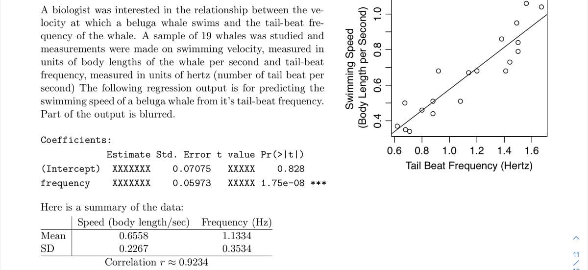 A biologist was interested in the relationship between the ve-
locity at which a beluga whale swims and the tail-beat fre-
quency of the whale. A sample of 19 whales was studied and
measurements were made on swimming velocity, measured in
units of body lengths of the whale per second and tail-beat
frequency, measured in units of hertz (number of tail beat per
second) The following regression output is for predicting the
swimming speed of a beluga whale from it's tail-beat frequency.
Part of the output is blurred.
Coefficients:
Estimate Std. Error t value Pr(>|t])
0.6
0.8
1.0
1.2
1.4
1.6
(Intercept)
0.07075
0.828
Tail Beat Frequency (Hertz)
ХXXXXXX
ХXXXX
frequency
ХXXXXXX
0.05973
ХXXXX 1.75е-08 ***
Here is a summary of the data:
Speed (body length/sec) Frequency (Hz)
Mean
0.6558
1.1334
SD
0.2267
0.3534
11
Correlation r2 0.9234
Swimming Speed
(Body Length per Second)
0.4
9'0
0.8
