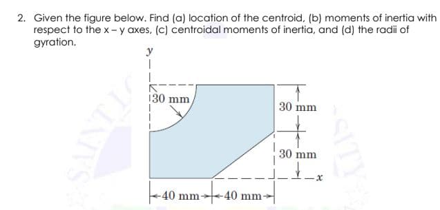 2. Given the figure below. Find (a) location of the centroid, (b) moments of inertia with
respect to the x- y axes, (c) centroidal moments of inertia, and (d) the radii of
gyration.
y
130 mm
30 mm
30 mm
40
-40 mm
mm
SITY
