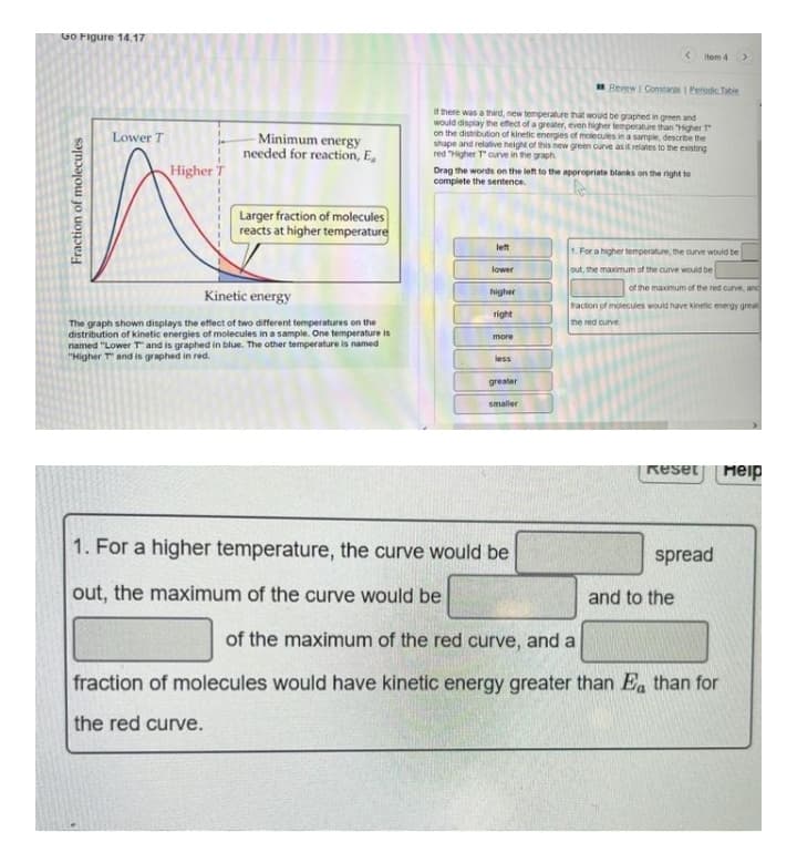 Go Figure 14.17
Itom 4
Revew I Constants I Perodc Tabie
It there was a thid, new temperature that would be graphed in green and
would display the efect of a greater, even higher temperature than HigherT
on the distribution of kinetic energies of molecules in a sample, describe the
shape and relative height of this new green curve as it relates to the existing
red Higher Tcurve in the graph
Lower T
Minimum energy
needed for reaction, E,
Higher T
Drag the words on the left to the appropriate blanks on the right to
complete the sentence.
Larger fraction of molecules
reacts at higher temperature
let
1. For a higher temperature, me aurve would be
lower
out, the maximum of the curve would be
Kinetic energy
higher
of the maximum of the red curve, anc
traction of moecuies would have kinetic energy great
right
me red curve
The graph shown displays the effect of two different temperatures on the
distribution of kinetic energies of molecules ina sample. One temperature is
named "Lower T and is graphed in blue. The other temperature is named
"Higher T and is graphed in red.
more
less
greater
smaller
Reset
Meip
1. For a higher temperature, the curve would be
spread
out, the maximum of the curve would be
and to the
of the maximum of the red curve, and a
fraction of molecules would have kinetic energy greater than Ea than for
the red curve.
Fraction of molecules
