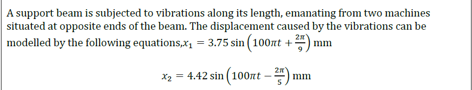 A support beam is subjected to vibrations along its length, emanating from two machines
situated at opposite ends of the beam. The displacement caused by the vibrations can be
modelled by the following equations,x1
= 3.75 sin (100nt +
mm
2n
X2 = 4.42 sin (100nt – )
mm
