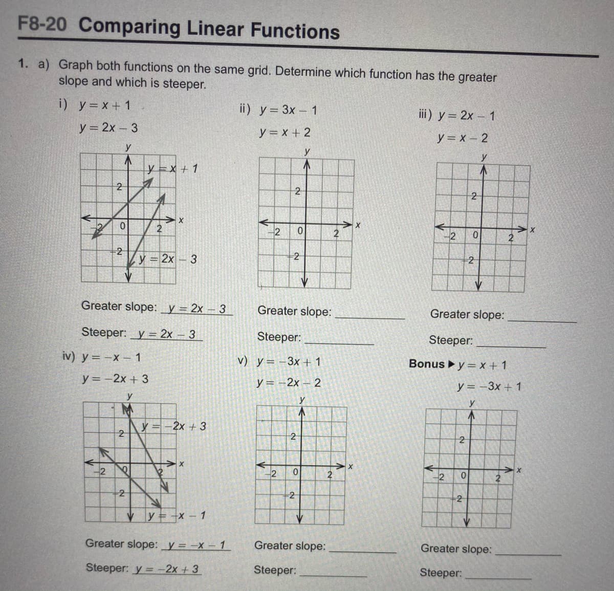 F8-20 Comparing Linear Functions
1. a) Graph both functions on the same grid. Determine which function has the greater
slope and which is steeper.
i) y=x+ 1
ii) y= 3x – 1
iii) y = 2x – 1
У 3 2х - 3
y = x + 2
y = x – 2
y
y
y
y =x + 1
2
2
2
2
2
2
y = 2x 3
-2
2
Greater slope:_y = 2x – 3
Greater slope:
Greater slope:
Steeper:_y = 2x – 3
Steeper:
Steeper:
iv) y = -x 1
v) y= -3x + 1
Bonus y = x + 1
y = -2x + 3
y = -2x – 2
y = -3x + 1
y
y
y
y =-2x + 3
2
-2
-2
-2
2
-2
-2
-2
V y = +x - 1
Greater slope:_y = -X - 1
Greater slope:
Greater slope:
Steeper: y =-2x +3
Steeper:
Steeper:
