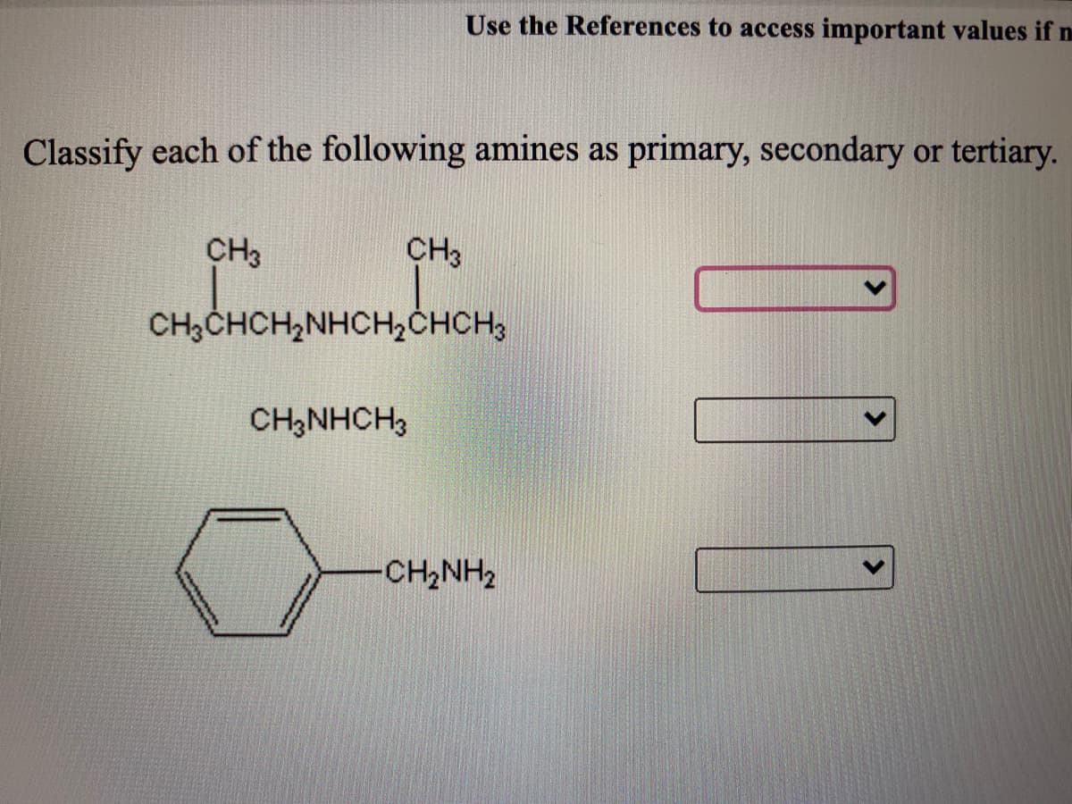 Use the References to access important values if n
Classify each of the following amines as primary, secondary or tertiary.
CH3
CH3
CH3CHCH2NHCH2CHCH3
CH3NHCH3
CH2NH2
121
