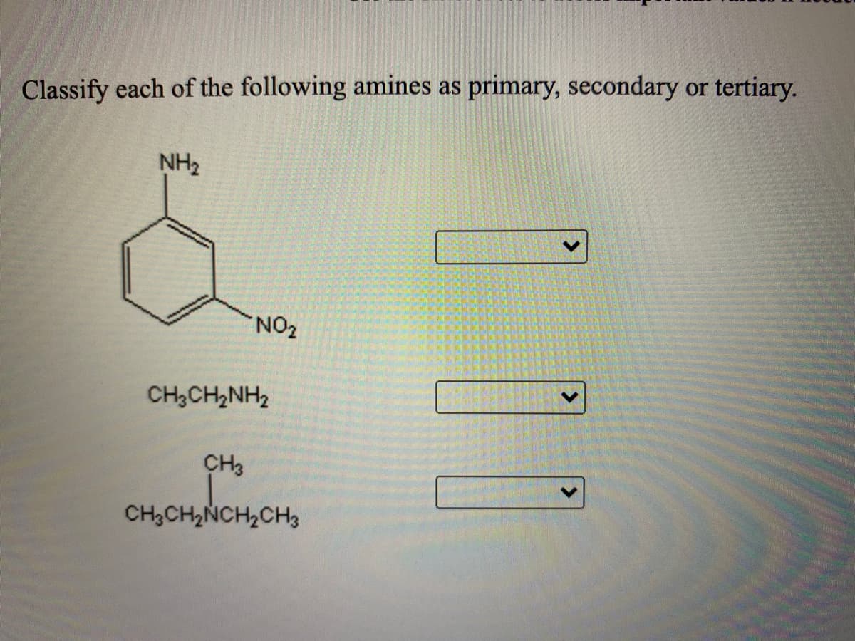 Classify each of the following amines as primary, secondary or tertiary.
NH2
CH,CH,NH2
CH3
CH,CH2NCH2CH3
