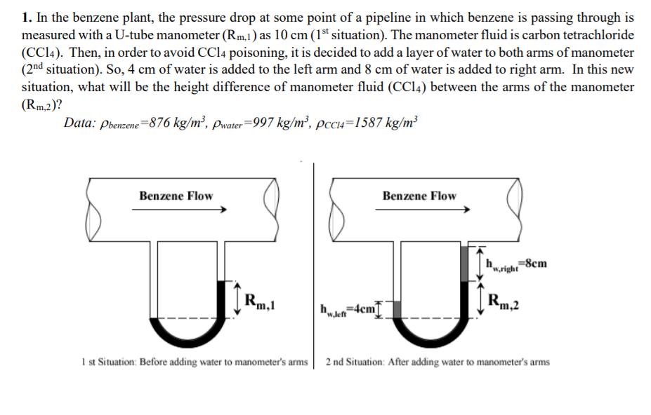 1. In the benzene plant, the pressure drop at some point of a pipeline in which benzene is passing through is
measured with a U-tube manometer (Rm,1) as 10 cm (1t situation). The manometer fluid is carbon tetrachloride
(CC14). Then, in order to avoid CC14 poisoning, it is decided to add a layer of water to both arms of manometer
(2nd situation). So, 4 cm of water is added to the left arm and 8 cm of water is added to right arm. In this new
situation, what will be the height difference of manometer fluid (CCI4) between the arms of the manometer
(Rm.2)?
Data: pbenzene=876 kg/m³, pwater=997 kg/m², pcc14=1587 kg/m³
Benzene Flow
Benzene Flow
=8cm
w,right
Rm,1
huden=4cm]
Rm,2
I st Situation: Before adding water to manometer's arms | 2 nd Situation: After adding water to manometer's arms
