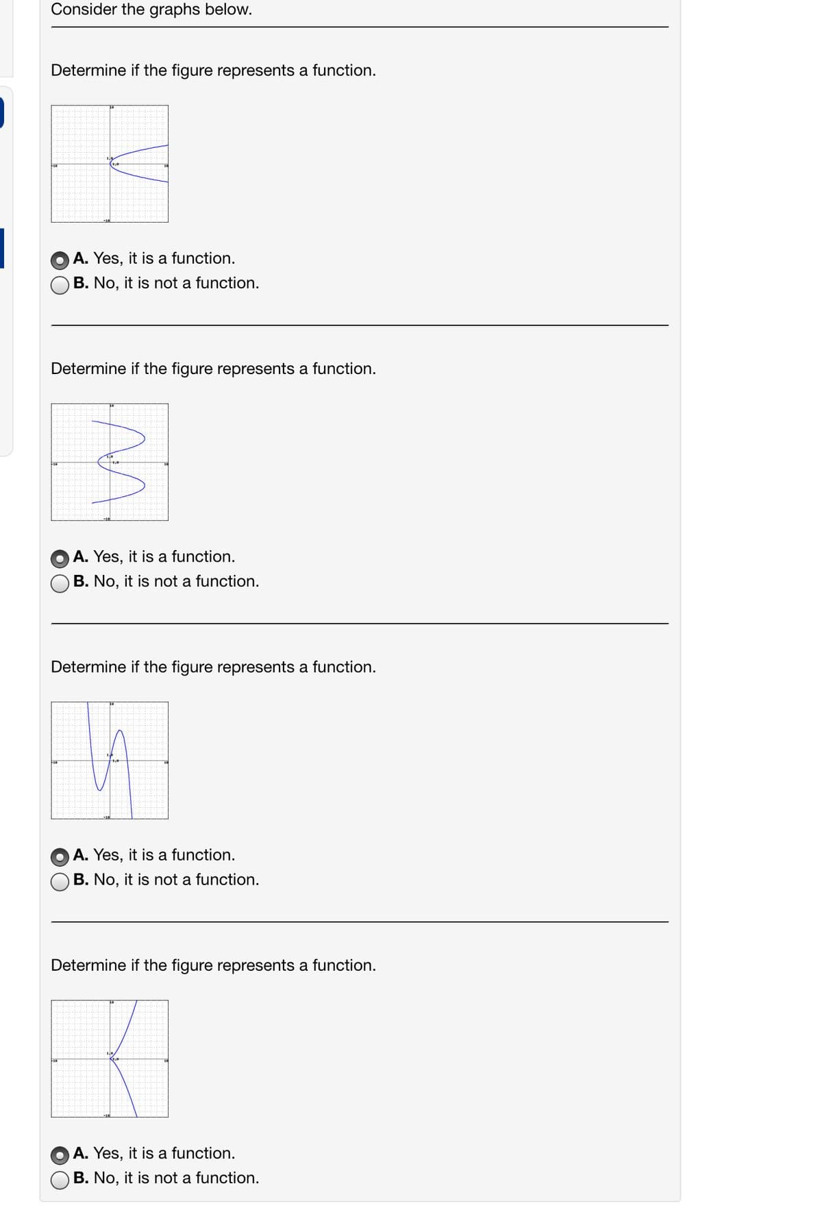 Consider the graphs below.
Determine if the figure represents a function.
OA. Yes, it is a function.
B. No, it is not a function.
Determine if the figure represents a function.
A. Yes, it is a function.
B. No, it is not a function.
Determine if the figure represents a function.
A. Yes, it is a function.
B. No, it is not a function.
Determine if the figure represents a function.
A. Yes, it is a function.
B. No, it is not a function.
