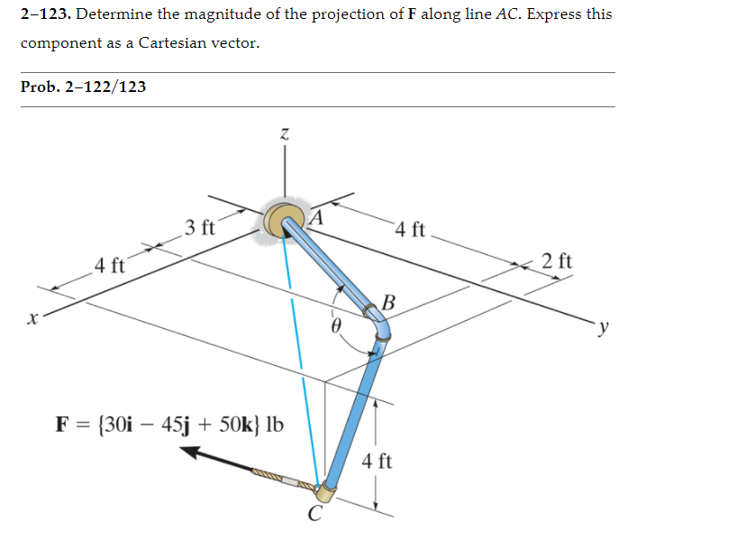 2-123. Determine the magnitude of the projection of F along line AC. Express this
component as a Cartesian vector.
Prob. 2-122/123
3 ft
4 ft
4 ft'
2 ft
B
y
F = {30i – 45j + 50k} lb
4 ft
C
