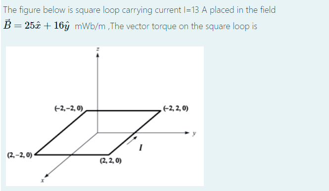 The figure below is square loop carrying current I=13 A placed in the field
B = 252 + 16ý mWb/m,The vector torque on the square loop is
(2,-2,0)
ہے
(-2,-2,0)
(2,2,0)
(-2,2,0)