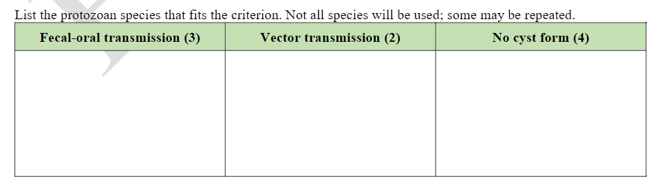 List the protozoan species that fits the criterion. Not all species will be used; some may be repeated.
Fecal-oral transmission (3)
Vector transmission (2)
No cyst form (4)