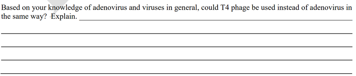 Based on your knowledge of adenovirus and viruses in general, could T4 phage be used instead of adenovirus in
the same way? Explain.