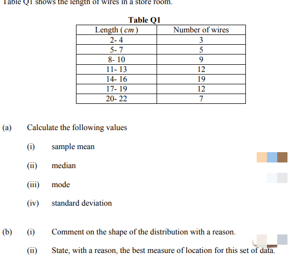 Table QI shows the length of wires in a store room.
Table Q1
Length (cm)
Number of wires
2-4
3
5-7
8- 10
5
9.
11- 13
12
14- 16
19
17- 19
12
20- 22
7
(a)
Calculate the following values
(i)
sample mean
(ii)
median
(iii)
mode
(iv) standard deviation
(b)
(i)
Comment on the shape of the distribution with a reason.
(ii)
State, with a reason, the best measure of location for this set of data.

