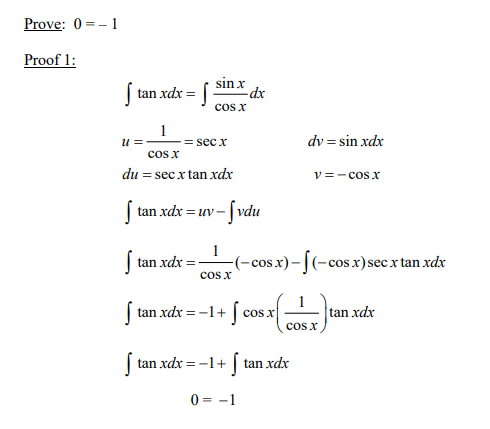 Prove: 0 =- 1
Proof 1:
sin x
tan xdx = [
cos x
1
u =
cos x
dv = sin xdx
sec x
du = sec x tan xdx
v=-cosx
S tan xdx = uv- [vdu
| tan xdx :
-cos x) - |(-cos x)secx tan xdx
cos x
tan xdx = -1+ | cos x
tan xdx
cos x
| tan xdx = -1+ tan xdx
0 = -1
