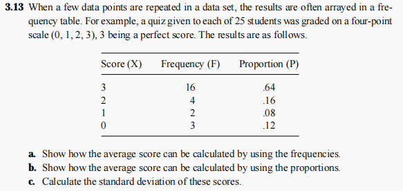 3.13 When a few data points are repeated in a data set, the results are often arrayed in a fre-
quency table. For example, a quiz given to each of 25 students was graded on a four-point
scale (0, 1, 2, 3), 3 being a perfect score. The results are as follows.
Score (X)
Frequency (F)
Proportion (P)
3
16
.64
2
4
.16
1
2
.08
3
.12
a. Show how the average score can be calculated by using the frequencies.
b. Show how the average score can be calculated by using the proportions.
c. Calculate the standard deviation of these scores.
