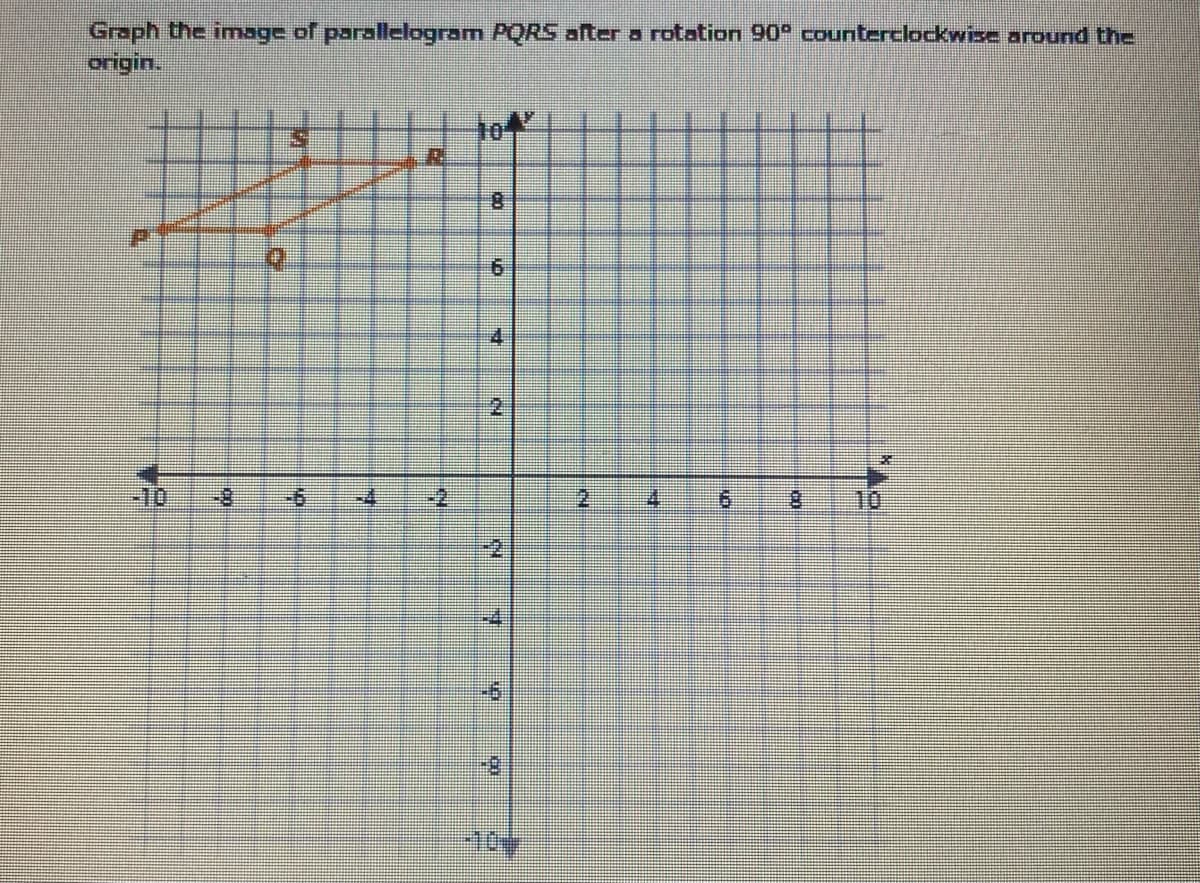 Graph the image of parallelogram PQRS after a rotation 90° counterclockwize ardund the
origin.
10
4.
2.
-10
8-
-2
4.
10
-2
-6
6.
