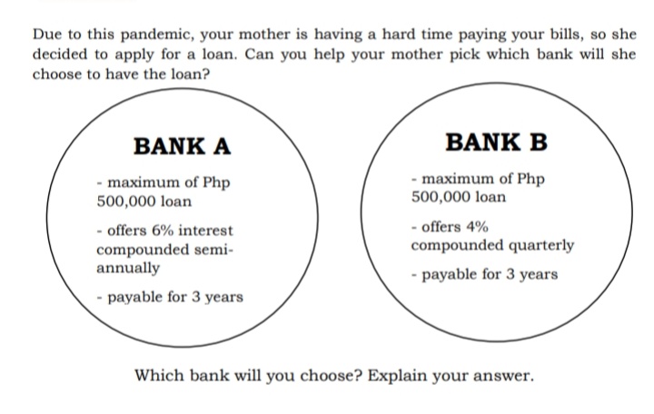 Due to this pandemic, your mother is having a hard time paying your bills, so she
decided to apply for a loan. Can you help your mother pick which bank will she
choose to have the loan?
BANK A
BANK B
- maximum of Php
500,000 loan
- maximum of Php
500,000 loan
- offers 6% interest
compounded semi-
annually
- offers 4%
compounded quarterly
- payable for 3 years
- payable for 3 years
Which bank will you choose? Explain your answer.
