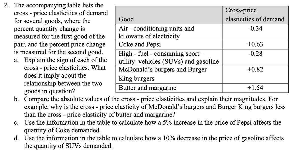 2. The accompanying table lists the
cross - price elasticities of demand
for several goods, where the
percent quantity change is
measured for the first good of the
pair, and the percent price change
is measured for the second good.
a. Explain the sign of each of the
cross - price elasticities. What
does it imply about the
relationship between the two
goods in question?
b. Compare the absolute values of the cross - price elasticities and explain their magnitudes. For
example, why is the cross - price elasticity of McDonald's burgers and Burger King burgers less
than the cross - price elasticity of butter and margarine?
Use the information in the table to calculate how a 5% increase in the price of Pepsi affects the
quantity of Coke demanded.
d. Use the information in the table to calculate how a 10% decrease in the price of gasoline affects
the quantity of SUVS demanded.
Cross-price
Good
elasticities of demand
Air - conditioning units and
kilowatts of electricity
Coke and Pepsi
High - fuel - consuming sport -
utility vehicles (SUVS) and gasoline
McDonald's burgers and Burger
-0.34
+0.63
-0.28
+0.82
King burgers
Butter and margarine
+1.54
с.

