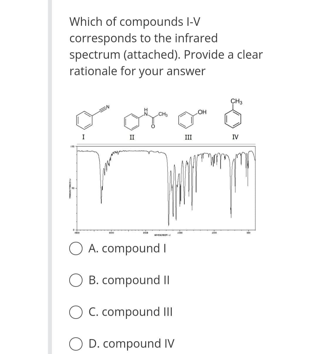 Which of compounds l-V
corresponds to the infrared
spectrum (attached). Provide a clear
rationale for your answer
CH3
CH3
HO
I
II
III
IV
100
4D00
3000
2000
100
MAVENUHBERIl
O A. compound I
O B. compound II
O C. compound II
O D. compound IV
