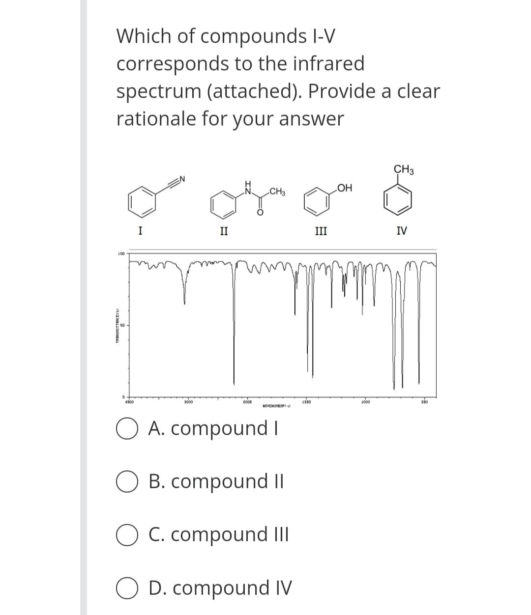 Which of compounds l-V
corresponds to the infrared
spectrum (attached). Provide a clear
rationale for your answer
CH3
CH3
I
II
III
IV
L0D
4000
3000
AS00
1000
so
NAVENUMBERIl
O A. compound I
O B. compound II
C. compound III
O D. compound IV
