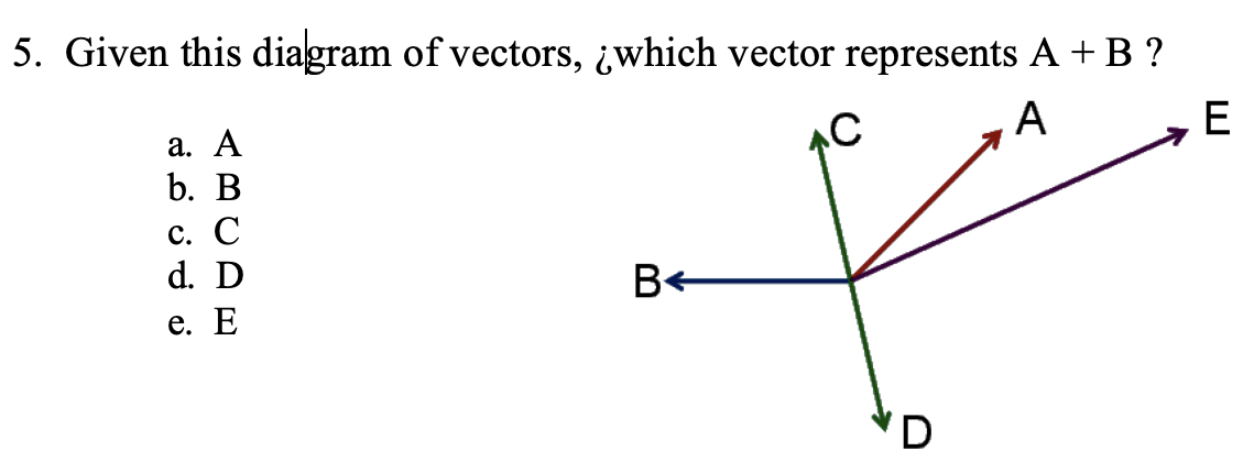 5. Given this diagram of vectors, ¿which vector represents A + B ?
C
A
E
a. A
b. B
c. C
d. D
e. E
B←