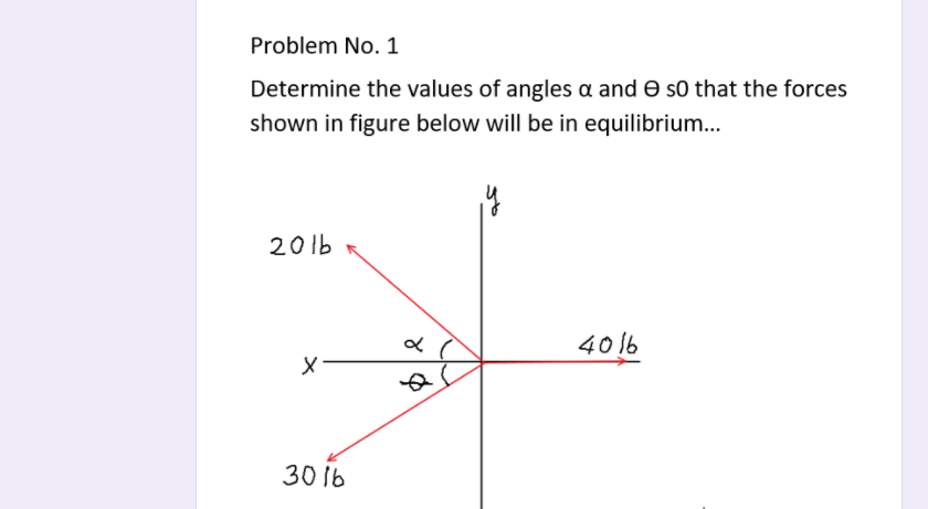 Problem No. 1
Determine the values of angles a and e s0 that the forces
shown in figure below will be in equilibrium...
20 lb
4016
30 1b
