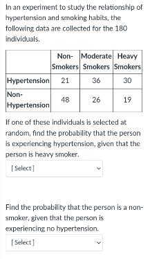 In an experiment to study the relationship of
hypertension and smoking habits, the
following data are collected for the 180
individuals.
Non- Moderate Heavy
Smokers Smokers Smokers
Hypertension
21
36
30
Non-
48
Hypertension
26
19
If one of these individuals is selected at
random, find the probability that the person
is experiencing hypertension, given that the
person is heavy smoker.
[ Select]
Find the probability that the person is a non-
smoker, given that the person is
experiencing no hypertension.
[ Select]
