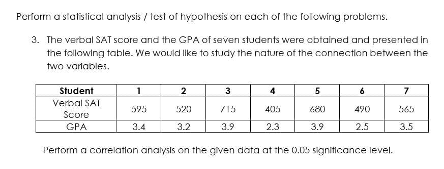 Perform a statistical analysis / test of hypothesis on each of the following problems.
3. The verbal SAT score and the GPA of seven students were obtained and presented in
the following table. We would like to study the nature of the connection between the
two variables.
Student
1
2
3
5
6
7
Verbal SAT
595
520
715
405
680
490
565
Score
GPA
3.4
3.2
3.9
2.3
3.9
2.5
3.5
Perform a correlation analysis on the given data at the 0.05 significance level.

