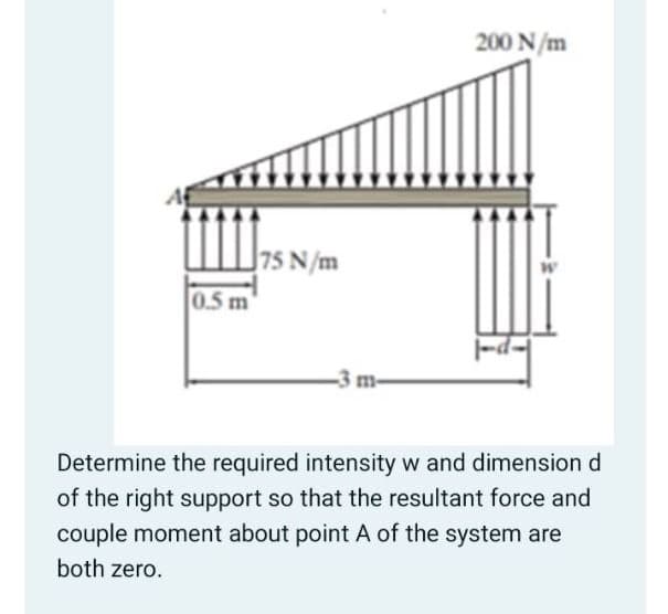 200 N/m
75 N/m
0.5 m'
Determine the required intensity w and dimension d
of the right support so that the resultant force and
couple moment about point A of the system are
both zero.

